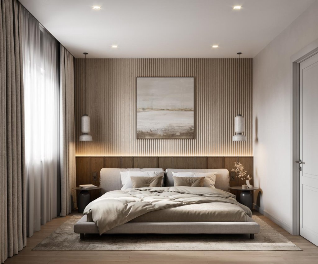 Woonkamer met gordijnen en vloerkleed